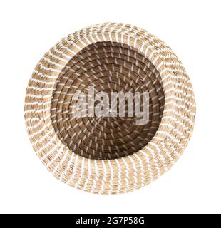 top view of open empty moroccan wicker basket from seagrass isolated on white background Stock Photo