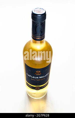 MOSCOW, RUSSIA - JUNE 10, 2021: closed bottle of French sweet wine Sauternes. Lafleur Mallet Sauternes from Cheval Quancard Winery from Bordeaux from Stock Photo