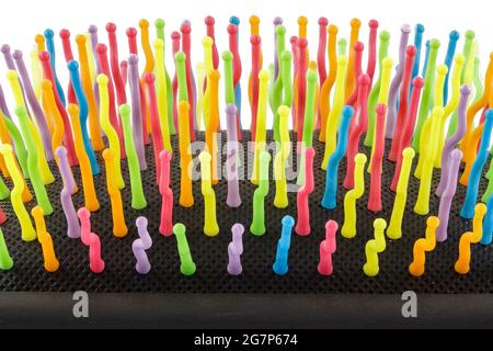 close-up view of new rainbow colorful pastic hair brush Stock Photo