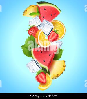 Composition of colorful Realistic falling pieces of fruits, berries, mint leaves and ice cubes - product label cover concept, vector illustration Stock Vector