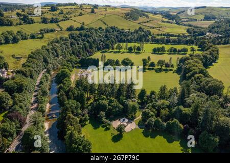 Aerial view of the river Teviot and Wilton Lodge Park, Hawick, Scotland. Stock Photo