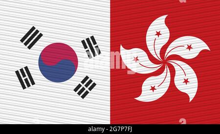 Hong Kong and South Korea Two Half Flags Together Fabric Texture Illustration Stock Photo