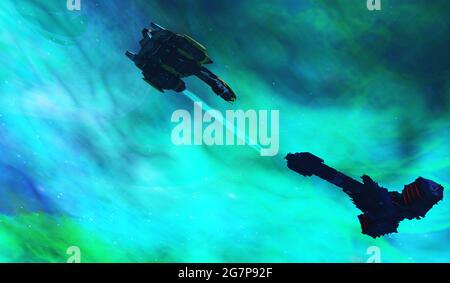 Battle in Space - Two enemies fight over territory in this future space fight with laser beams. Stock Photo