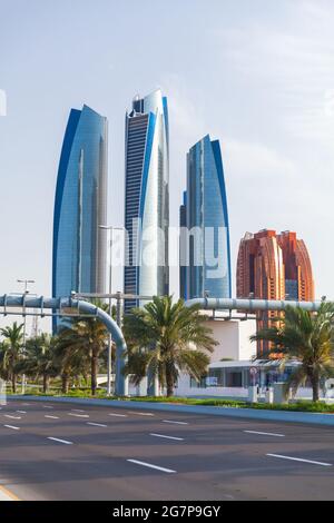 Abu Dhabi downtown, modern skyline with skyscrapers, vertical photo taken on a sunny day Stock Photo