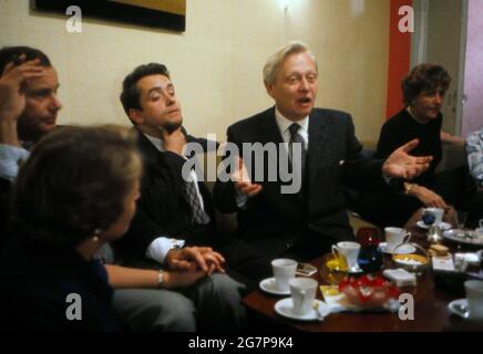 Sergey Obraztsov, with hands out, entertaining visitors in Moscow, 1961. Jack Paar is visible on far left. Stock Photo