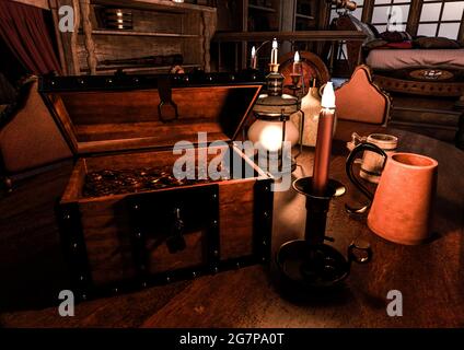 treasure chest close up on the pirate cabin, 3d illustration Stock Photo