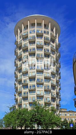 A cylindrical block of modern apartments in Stockholm, Sweden. Stock Photo