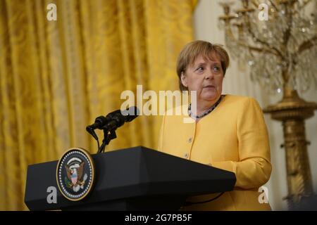 Washington, United States. 15th July, 2021. German Chancellor Angela Merkel speaks during a joint press conference with President Joe Biden in the East Room of the White House in Washington, DC on Thursday, July 15, 2021. Photo by Alex Edelman/UPI Credit: UPI/Alamy Live News Stock Photo