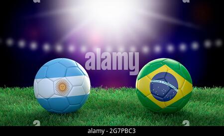 Two soccer balls in flags colors on stadium blurred background. Argentina and Brazil. 3d image Stock Photo