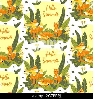 Seamless pattern with cute foxes in nature. A family of wild foxes in the meadow. Template with a fox and the inscription Hello Autumn. Vector Stock Vector