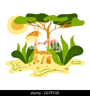 A cute giraffe in a scarf walks in nature. Beautiful cartoon illustration with cute giraffe walks nature. Funny vector illustration. Cute cartoon Stock Vector