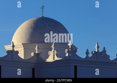 Tohono O'Odham Indian Reservation  AZ / JAN  The dome and architecture details of Mission San Xavier Del Bac. Stock Photo