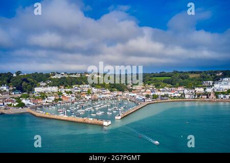 Aerial drone image of St Aubin's Harbour and Village at high tide in the sunshine. Jersey Channel Islands Stock Photo