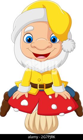 Cartoon funny dwarf sitting on mushroom Stock Vector