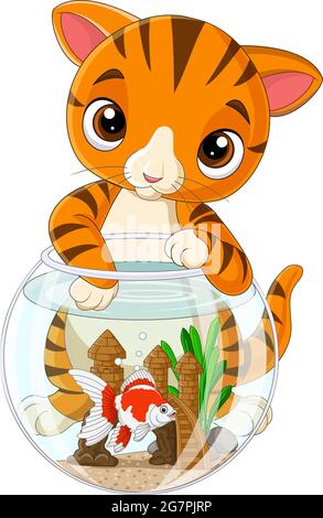 Cartoon striped cat with goldfish in fishbowl Stock Vector