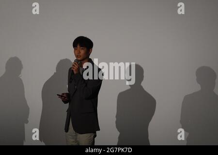 16th July, 2021. 16th July, 2021. S. Korean wins 2nd prize at Cannes' section for young filmmakers Yoon Dae-woe, a filmmaker from the Korea National University of Arts' School of Film, TV and Multimedia, speaks prior to the screening of his film 'Cicada' at Cinefondation, a section of the Cannes Film Festival for young next-generation filmmakers, in Cannes, France, on July 15, 2021. Yoon won the second prize at the competition. Credit: Yonhap/Newcom/Alamy Live News Credit: Yonhap/Newcom/Alamy Live News