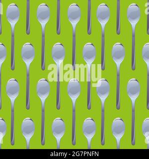Spoons seamless pattern. Silver kitchen items in cartoon style. Vector design for gift wrap, restaurant tableware decor, invitation, cafe menu Stock Vector
