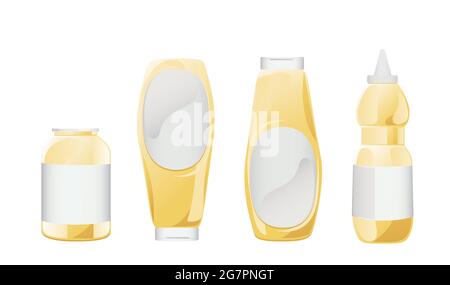 Mayonnaise in glass bottles set. Jars with white sauce. Condiment containers in cartoon style. Vector illustration. Stock Vector
