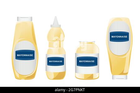 Mayonnaise in glass bottles set. Jars with white sauce. Condiment containers in cartoon style. Vector illustration. Stock Vector