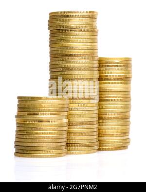old & used golden coins stack up in white background Stock Photo
