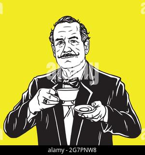 Man Mustache Drinking a Cup of Tea. Coffee Break. Vector Pop Art Illustration Stock Vector