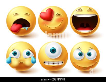 Smiley emoji vector set. Smileys emoticon happy, cute, crying and cyclops eye yellow icon collection isolated in white background for graphic elements Stock Vector