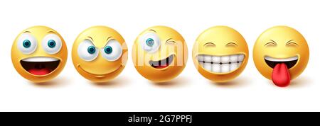Smiley happy vector set. Smileys face yellow emoticon with funny, winking and naughty facial expressions isolated in white background for design Stock Vector
