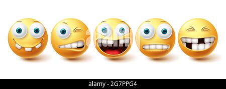 Smiley emoji funny teeth vector set. Smileys emoticon funny teeth and crazy collection facial expressions isolated in white background. Vector Stock Vector