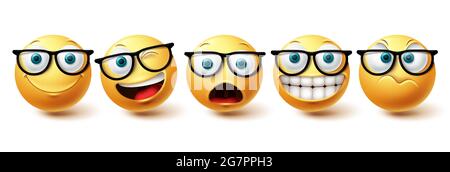 Smiley face vector set. Smileys nerd face with funny, happy and naughty facial expressions in yellow color emoji isolated in white background. Vector Stock Vector