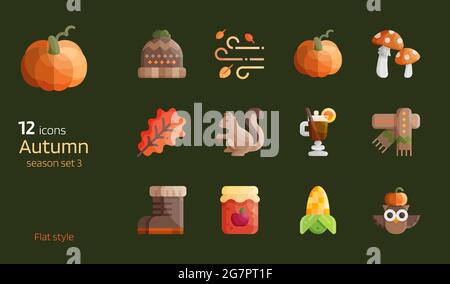 Autumn season flat design icon vector set. Fall seasonal detailed glossy brightness glyphs for decorative. Stock Vector