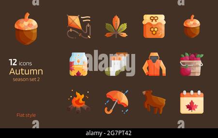 autumn seasonal flat design icon set. Detailed glossy style for decorative Stock Vector