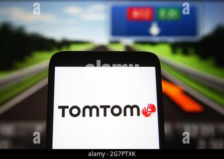 Ukraine. 15th July, 2021. In this photo illustration, TomTom (TomTom N.V.) logo of a Dutch multinational developer and creator of location technology and consumer electronics is seen on a smartphone screen. (Photo by Pavlo Gonchar/SOPA Images/Sipa USA) Credit: Sipa USA/Alamy Live News Stock Photo