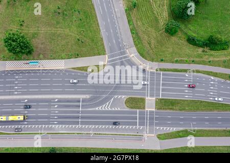 aerial top view of city highway in summer day. road intersection from above. Stock Photo