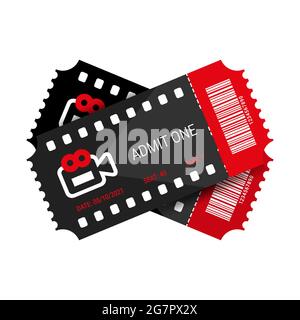 Two red and black designed movie tickets with barcode. A couple of cinema tickets with shadow close up top view. Vector illustration isolated on white Stock Vector