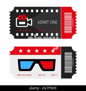 Two red and black designed movie tickets with barcode. A couple of cinema tickets with shadow close up top view. Vector illustration isolated on white Stock Vector
