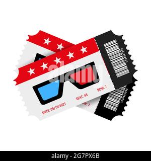 Two red and black designed movie tickets with barcode. A couple of cinema tickets with shadow close up top view. Vector illustration isolated on white Stock Vector