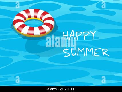 Red and white inflatable round pool float tube lifesaver ring in blue swimming pool on a sunny day. Vacation background. Vector illustration. Copy spa Stock Vector