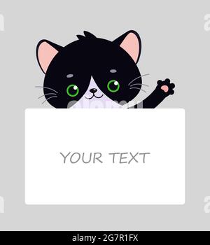 Card with cute black kawaii cat. Place for your text. Cartoon flat style. Vector illustration Stock Photo