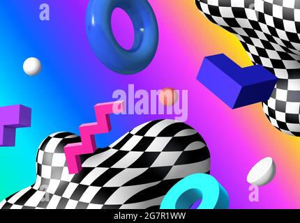 Abstract background with flying colorful 3D geometric shapes over vibrant gradient backdrop. Фbstraction with checkered shape in 90s style. Stock Vector