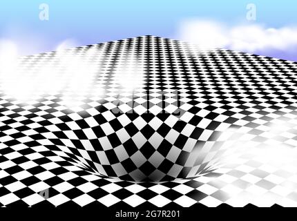 Abstract checkered board background with round pit or hole and corner in vaporwave style with clouds. Surreal illustration Stock Vector