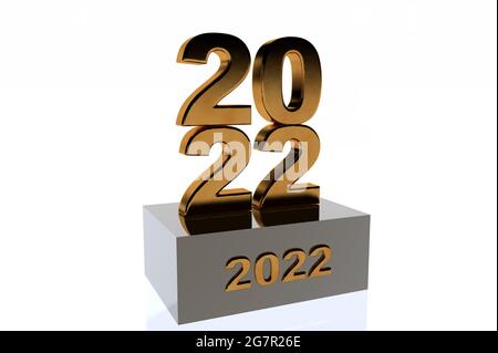 The symbol of the upcoming new year 2022 depicted in a 3D illustration in the form of a gold number on a stand on a white background and looks like a Stock Photo