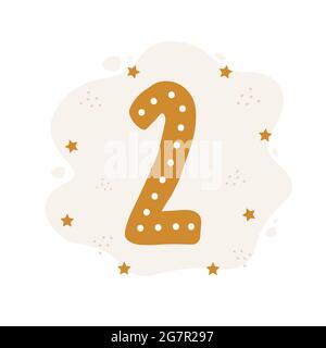 Number two in boho style. Cute doodle element for birthday card template. Scandinavian vector illustration Stock Vector