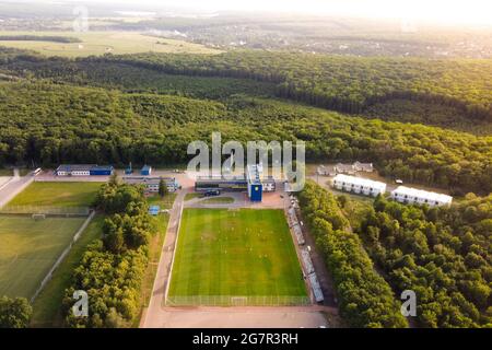 Areal view on football pitch in the forest. Football concept Stock Photo