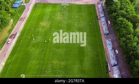 Areal view on football pitch in the forest. Football concept Stock Photo