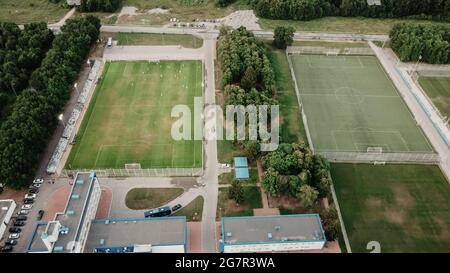 Areal view on football pitch in the forest. Football concept Stock Photo