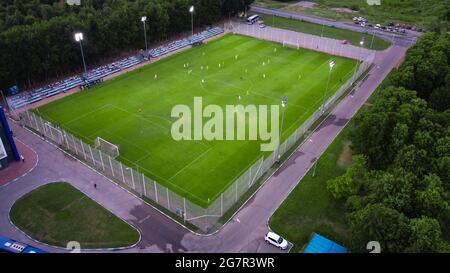 Areal view on football pitch in the forest. Football concept Stock Photo