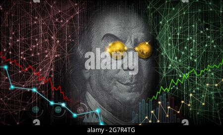Benjamin franklin with bitcoin glasses on Stock market or forex trading graph. Bitcoin is convenient payment in global economy market. Virtual digital Stock Photo
