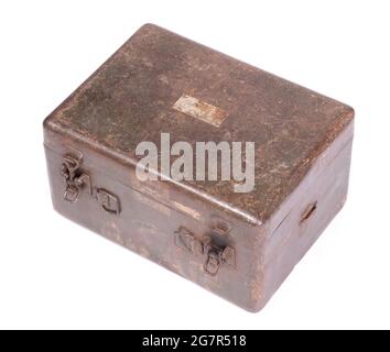 Old rusted green army case, isolated on white Stock Photo