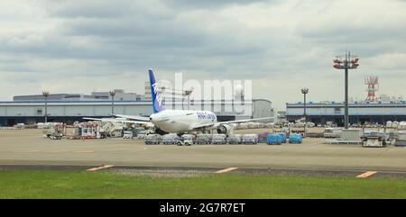 NARITA JAPAN, - MAY 2018 : Cargo plane and Cargo Handling Facilities on Air Cargo Terminal at Narita Airport, Japan. Stock Photo