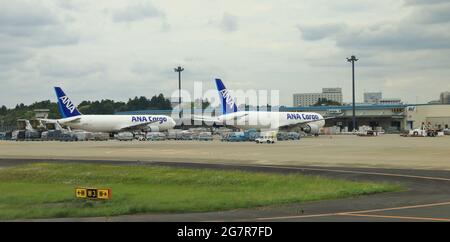 NARITA JAPAN, - MAY 2018 : Cargo planes and Cargo Handling Facilities on Air Cargo Terminal at Narita Airport, Japan. Stock Photo